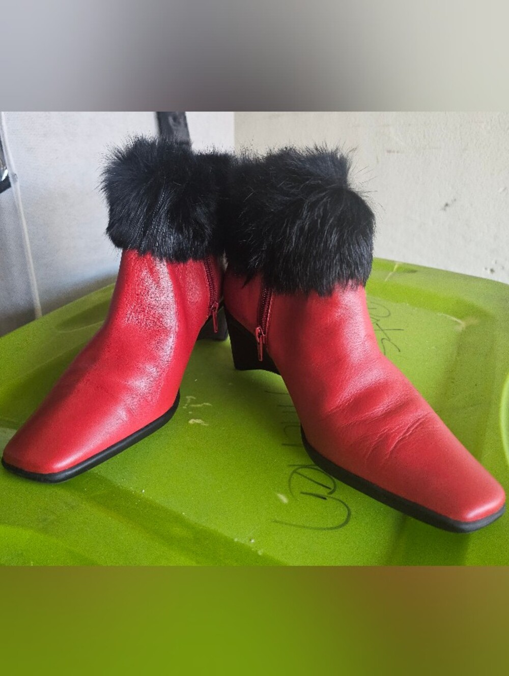 Women’s Red Ankle Boots with Black Faux Fur Trim